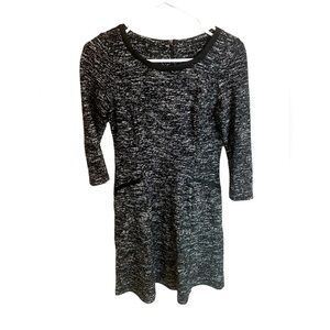Talbots Tweed Sheath Dress 2P Black White Faux Leather Trim Pockets 3/4 Sleeve